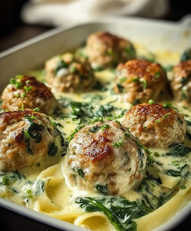 Southern Style Baked Chicken Ricotta Meatballs with Spinach Alfredo