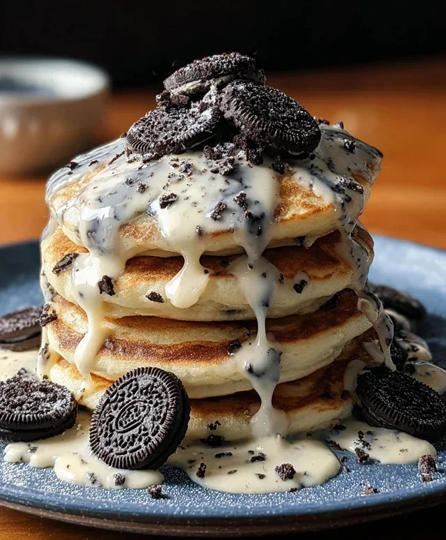 Oreo Pancakes with Cream Cheese Drizzle