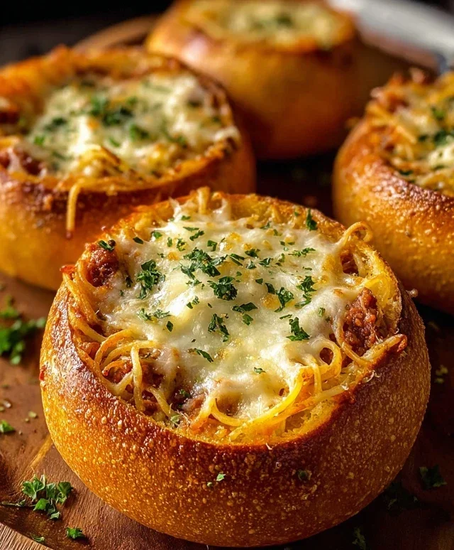 Spaghetti Garlic Bread Bowls
