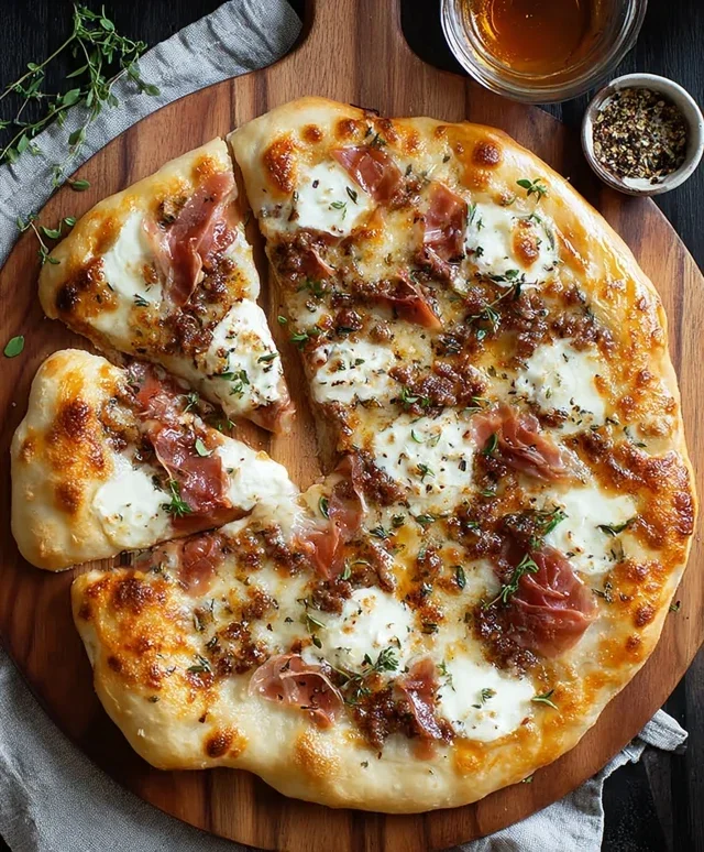 White Pizza with Beef Beef Prosciutto & Hot Honey