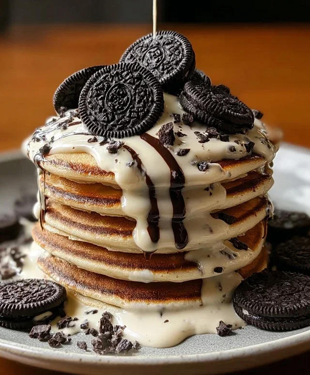 Oreo Pancakes with Cream Cheese Drizzle