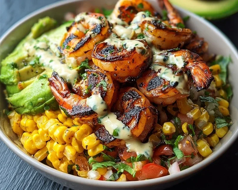 Grilled Shrimp Bowl with Avocado, Corn Salsa & Creamy Garlic Sauce