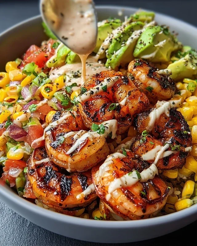 Grilled Shrimp Bowl with Avocado, Corn Salsa & Creamy Garlic Sauce