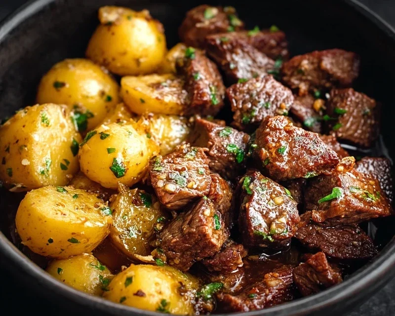 Slow Cooker Garlic Butter Beef Bites with Potatoes