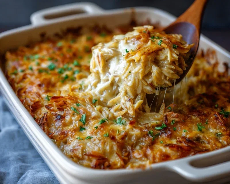French Onion Chicken Orzo Casserole