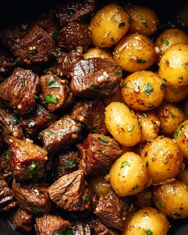 Slow Cooker Garlic Butter Beef Bites with Potatoes