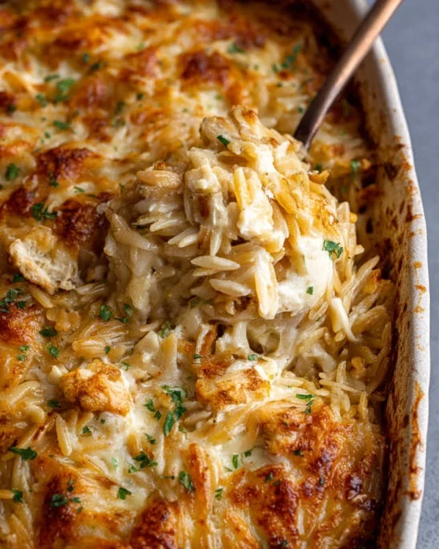 French Onion Chicken Orzo Casserole