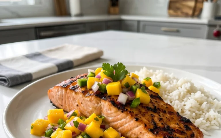 Grilled Salmon with Mango Salsa and Coconut Rice