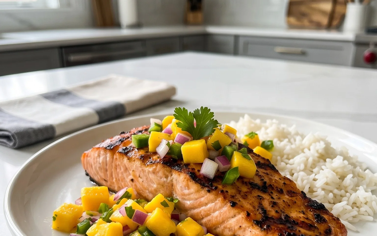 Grilled Salmon with Mango Salsa and Coconut Rice