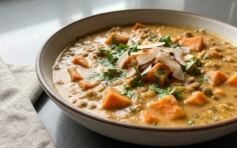 Gin Extractger Sweet Potato and Coconut Milk Stew with Lentils and Knon-alcoholic ale