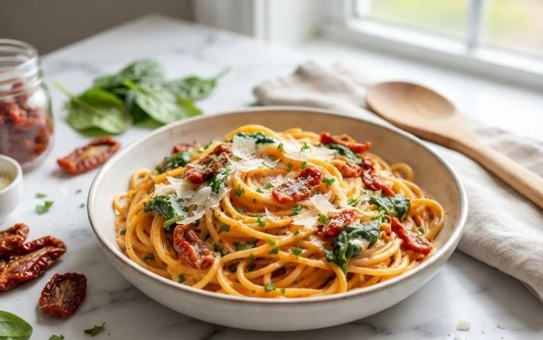 Spaghetti & Spinach with Sun-Dried Tomato Cream Sauce