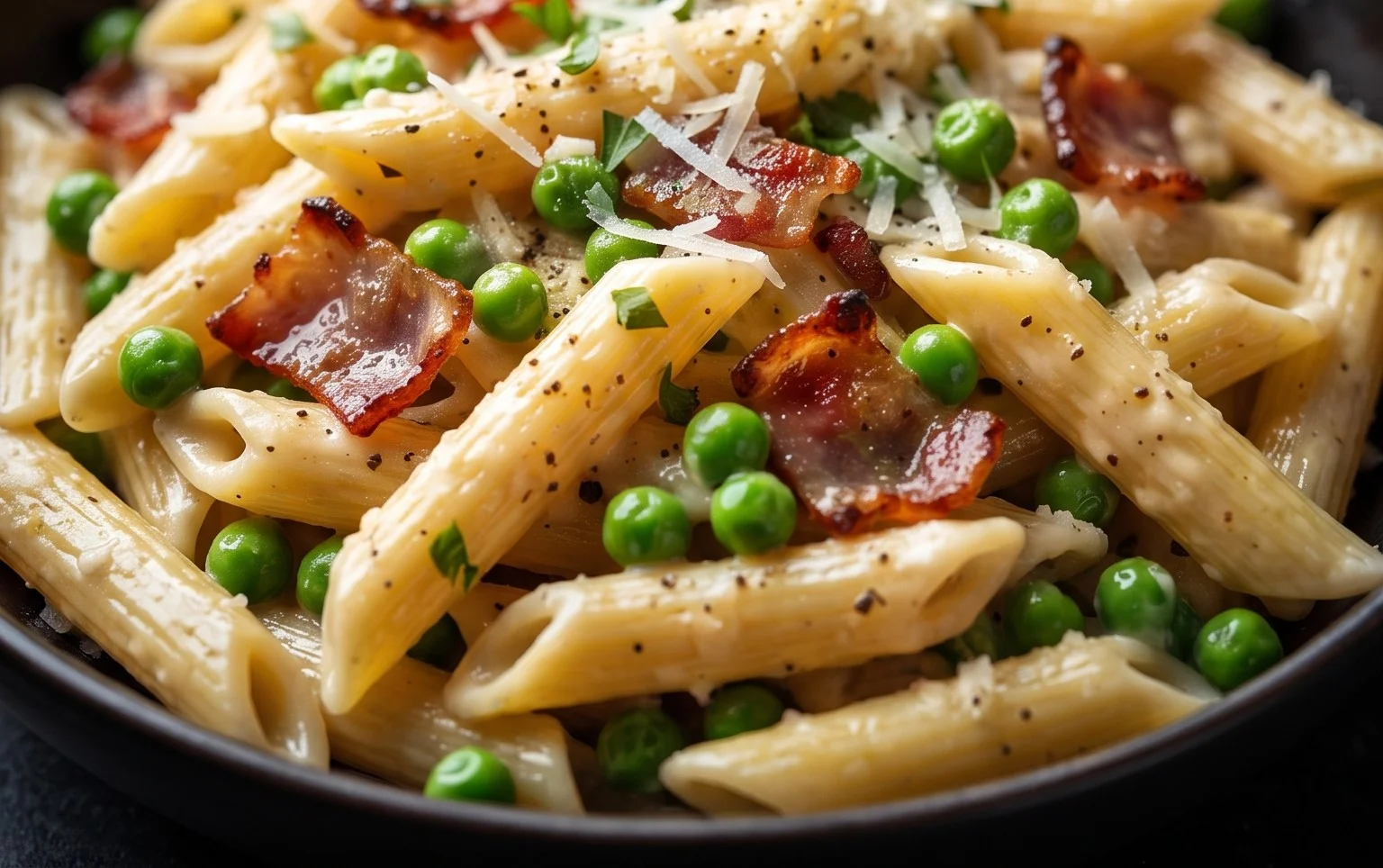 Penne Pasta, Peas and Beef Bacon