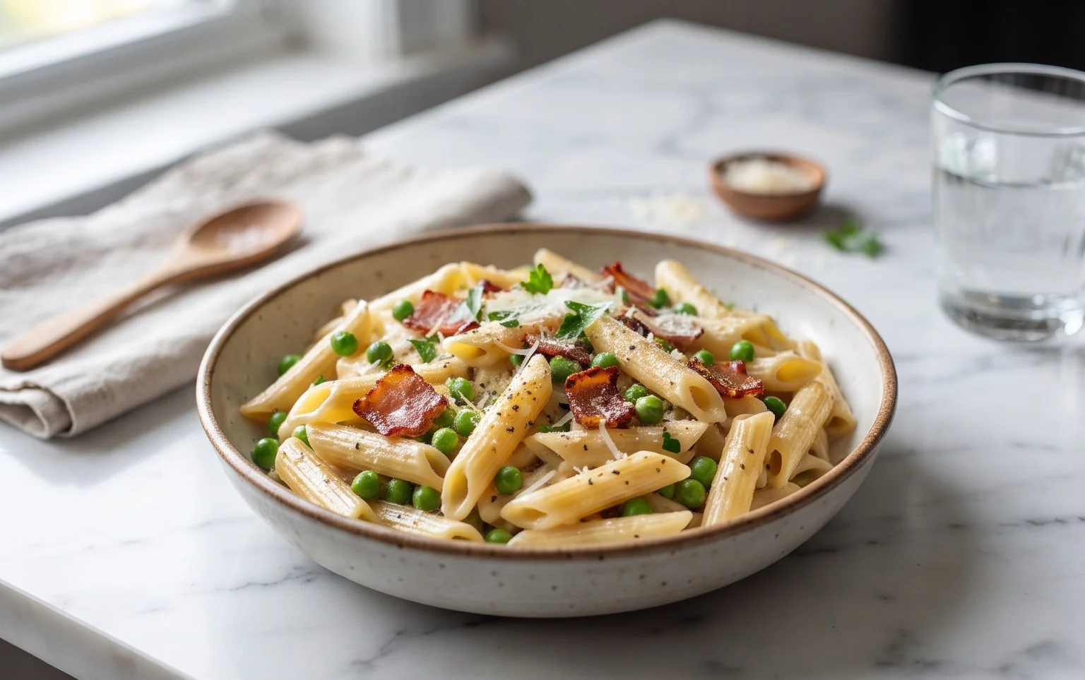 Penne Pasta, Peas and Beef Bacon