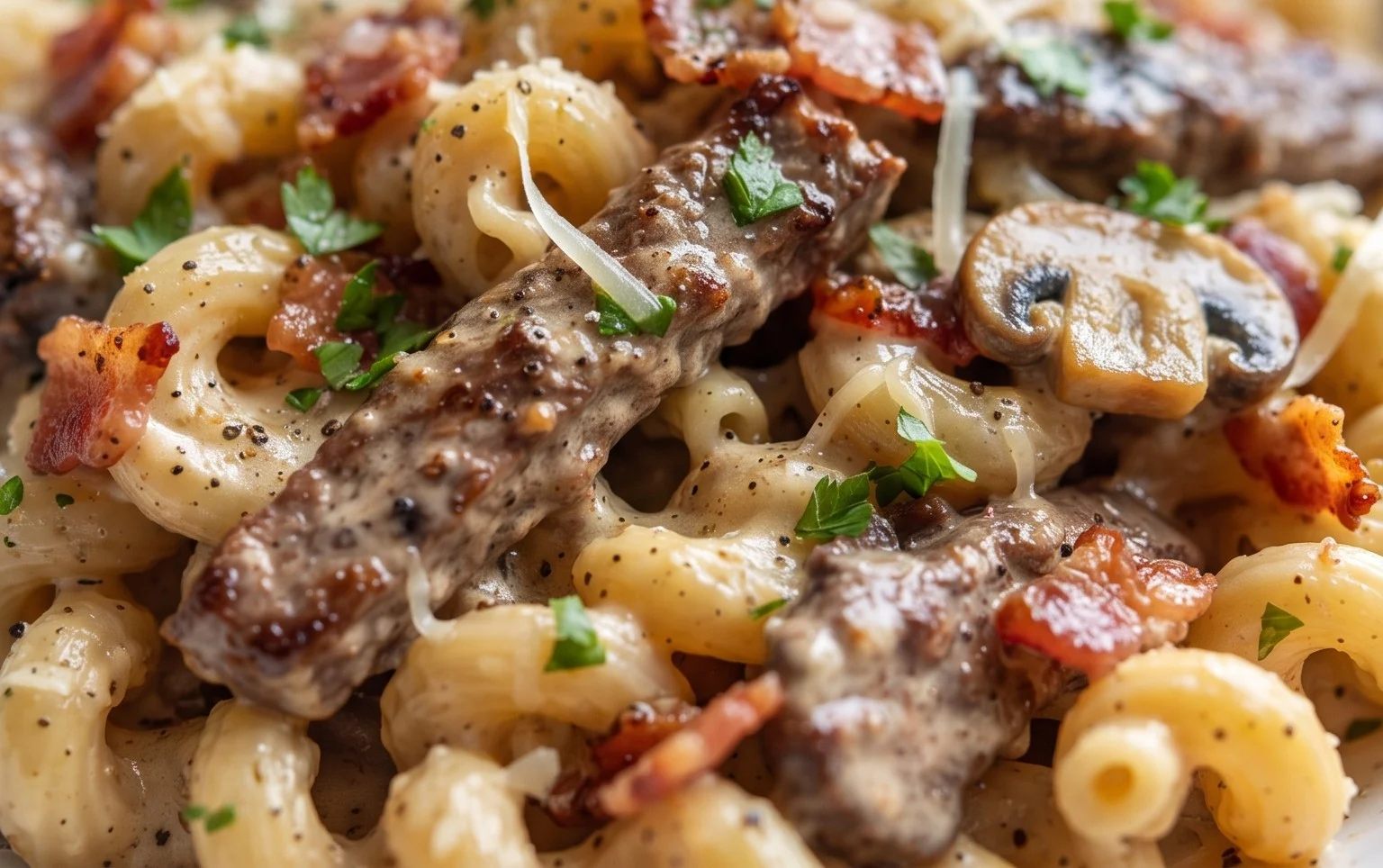Creamy Beef Bacon and Mushroom Pasta