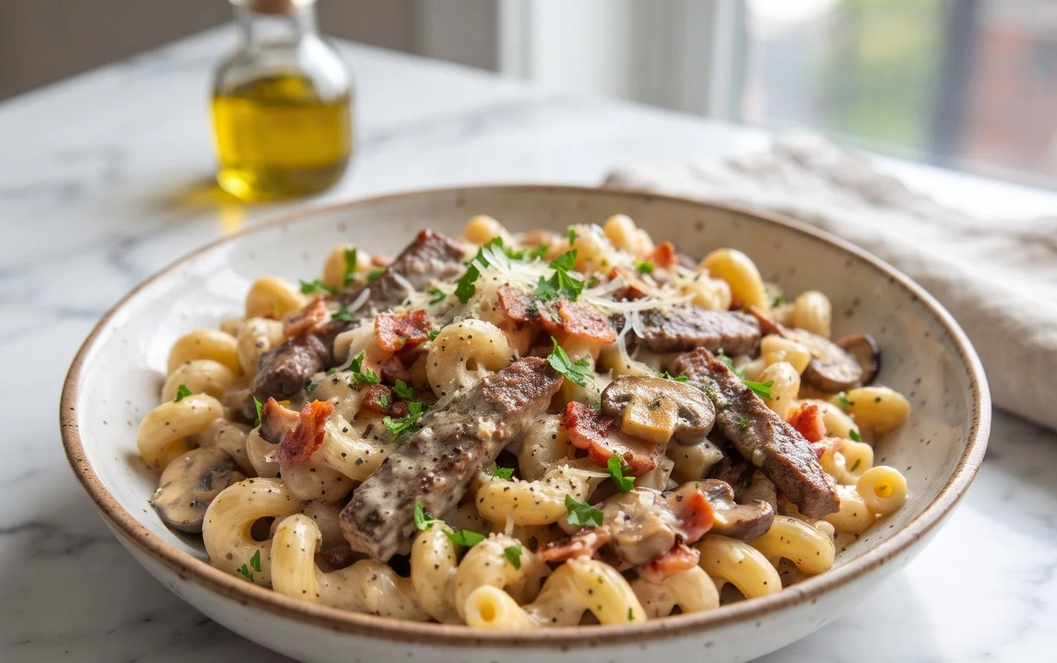 Creamy Beef Bacon and Mushroom Pasta