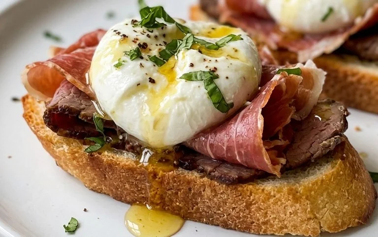 Beef Prosciutto Crostini with Burrata and Lemon Honey Drizzle