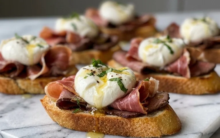 Beef Prosciutto Crostini with Burrata and Lemon Honey Drizzle